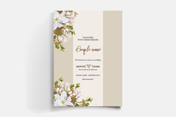 WEDDING INVITATION FRAME WITH FLOWER DECORATIONS AND FRESH LEAVES