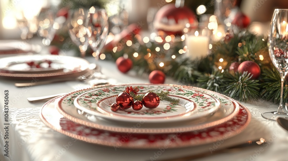Poster A table with a Christmas dinner setting with a red