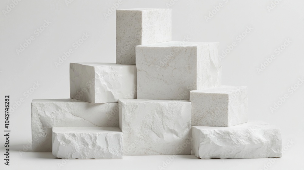 Poster minimalist composition of white marble blocks stacked in varying sizes and shapes, creating a modern