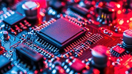 Obraz premium Close-up of a circuit board with a microchip, showcasing electronic components and connections.