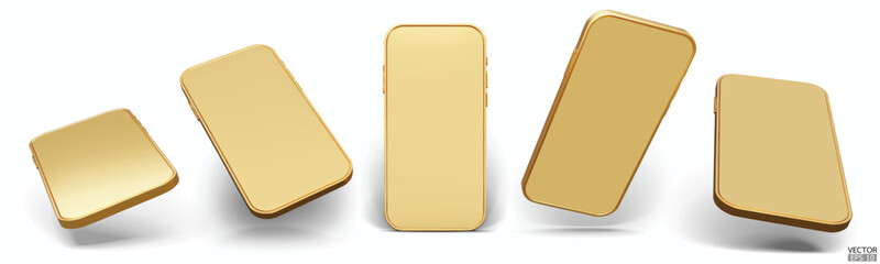 3D gold smartphone mockup with white screen. Golden mobile phone isolated on white background. 3d vector illustration.