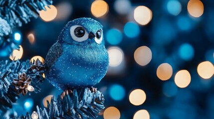 Blue owl perched on Christmas tree