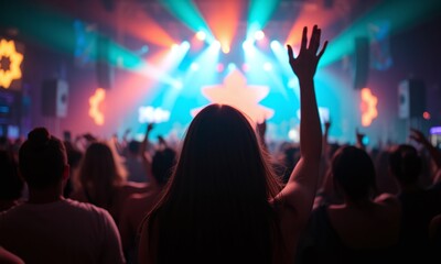 Concert crowd music festival vibrant lighting neon colors