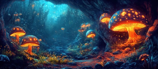 A magical forest scene with glowing mushrooms and a cave entrance.
