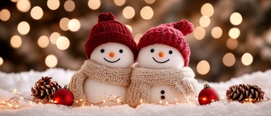 Fototapeta premium Two snowmen in snowy scene with Christmas lights