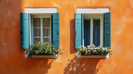 Vibrant orange stucco wall adorned with two windows framed by teal shutters and decorated with lush flower boxes, creating a charming Mediterranean ambiance.