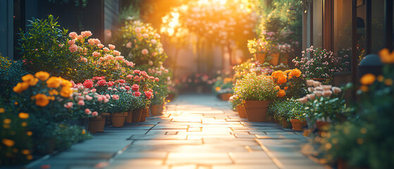 Sunlit Pathway Lined with Vibrant Flowers and Plants in Pots