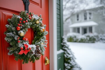 Wreath hanging on red door