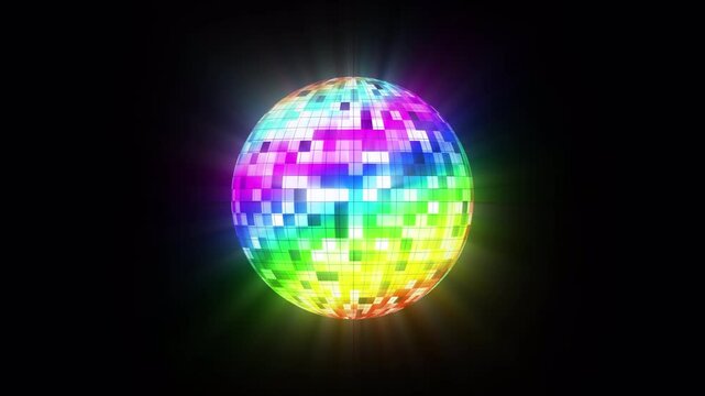 Disco ball glowing on dark background with colorful lights. Suitable for party, nightlife, celebration concepts in design projects.