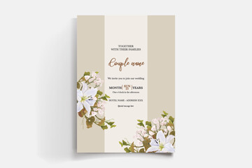 WEDDING INVITATION FRAME WITH FLOWER DECORATIONS AND FRESH LEAVES