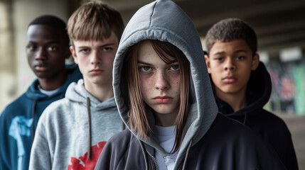 A group of youths wearing hoodies in a bleak urban setting, there is a sense of danger or criminal intent, gang activity - landscape ratio 16:9