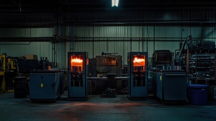 Industrial setting with machines emitting flames, suggesting a manufacturing process.