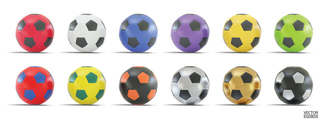 Collection of Realistic colorful soccer balls isolated on white background. Set of 3D Football ball vector icon. 3D Vector illustration.