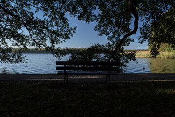 AUTUMN LANDSACAPE - A bench in park by lake under colorful leaves on a sunny day © Wojciech Wrzesień