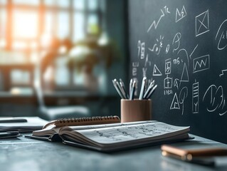 Side View of Blackboard with Algebraic Equations and Tools