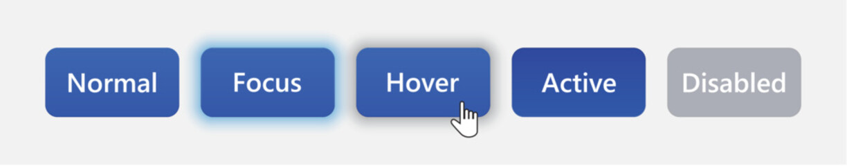 Set of blue web buttons: normal, focus, hover, active, disabled. User interface elements. Vector illustration