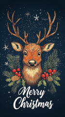 Fototapeta premium Merry Christmas illustrated card on blue background with Santa's reindeer, cute christmas illustration