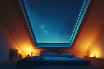 Modern-style skylight in a rooftop room, stars and night sky visible through the window, soft warm lighting inside.