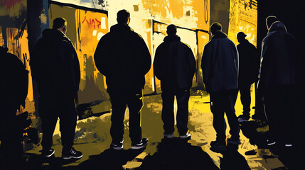 A group or gang of young people or teens in an urban city area, wide landscape ratio 16:9, there is a sense of menace and criminality