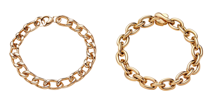 elegant gold chains, showcasing their intricate links and lustrous shine. clipart, isolated on transparent background