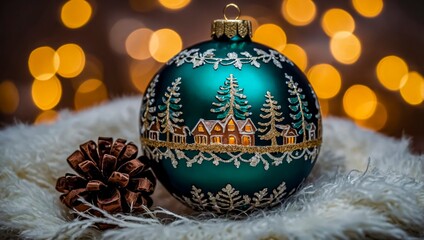 Ornate Green Christmas Ornament With Village Scene on a Cozy Backdrop of Warm Bokeh Lights
