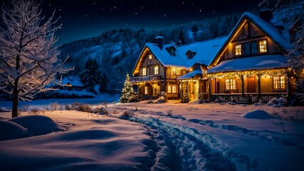 Fototapeta premium A Cozy Snow-Covered Cabin Adorned With Lights in a Winter Wonderland at Night