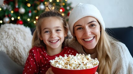 Happy Family Enjoying Christmas Movie Night With Popcorn