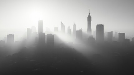Fototapeta premium A black and white photograph of a city skyline with a sunrise in the background. The sun is shining through the fog, creating a hazy effect over the city.