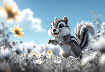 Obraz premium 3D cartoon animation of a playful chipmunk, mistaken for a squirrel, with striped