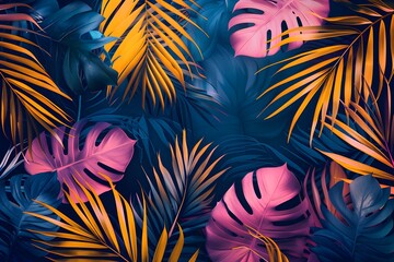Fototapeta premium A bunch of tropical leaves on a dark background