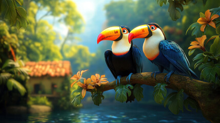 Obraz premium Vibrant Toucan and Hornbill Perched on Leafy Bough in Lush Natural Setting