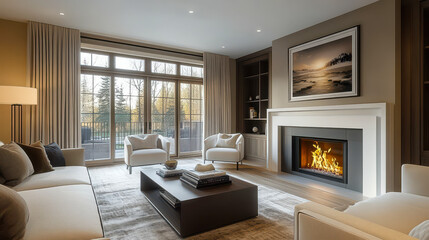 Fototapeta premium Modern Living Room with Cozy Fireplace and Comfortable Seating for Relaxing Evenings