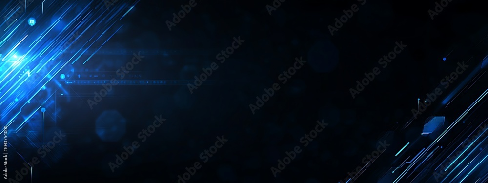 Poster Abstract digital background with diagonal blue lines and bokeh lights.