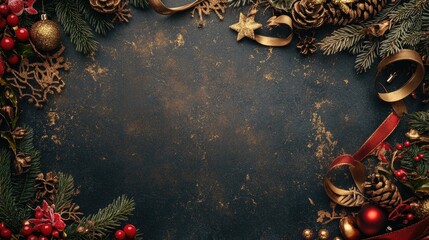 Naklejka premium A festive gold border design with holiday-themed embellishments and ribbons