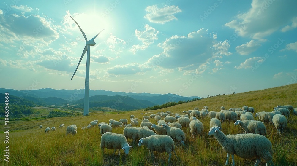 Poster a flock of sheep are grazing in a field next to a wind turbine