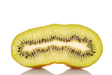 One half of ripe juicy kiwi, macro, isolated on white background.