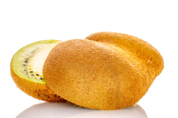 Two halves of ripe juicy kiwi, macro, isolated on white background.