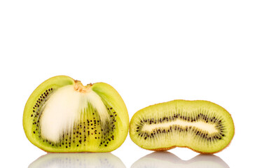 Two halves of ripe juicy kiwi, macro, isolated on white background.