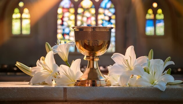 A bronze chalice resting on a stone altar surrounded by small, white lilies. - Powered by Adobe