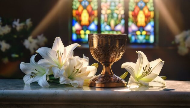 A bronze chalice resting on a stone altar surrounded by small, white lilies. - Powered by Adobe