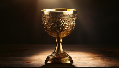 A simple golden chalice with intricate engravings, sitting on a dark, polished wooden table.