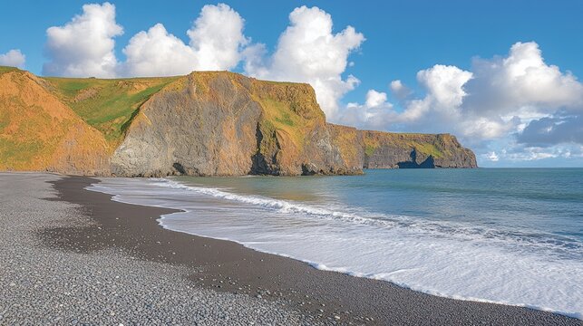 A black sand beach with rocky cliffs and a blue sky with white clouds.