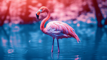Graceful pink flamingo standing in serene blue water