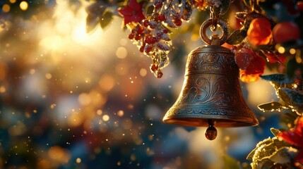 A bell hangs from a tree branch with snow on it