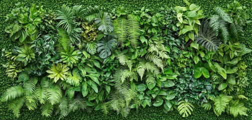 Lush Green Foliage Wonderland Close-Up Macro View of Vibrant Botanical Wall - Serene Nature Concept for Interior Design, Wallpaper, Eco-Themed Marketing