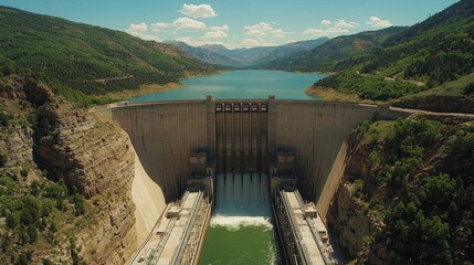 Fototapeta premium Majestic Dam Grand Closeup of Concrete Structure in Mountain Valley with Cascading Waterfall - Serene Engineering Marvel
