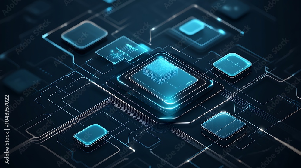 Poster Abstract futuristic technological background with glowing blue circuit board and digital elements.