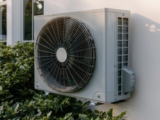 Efficient Cooling Comfort Close-Up of White Air Conditioner Unit with Green Foliage Wall Background - Home Cooling Concept
