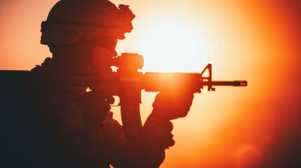 Soldier Silhouette Against Sunset Background