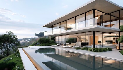 A sleek modern villa with an infinity pool floor-to-ceiling windows and a minimalist garden Overlooking a scenic hillside landscape